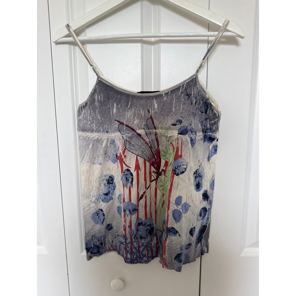 Vintage Raw 7 USA Dragonfly Floral Cami Tank Top Medium Blue Red Cream Y2K